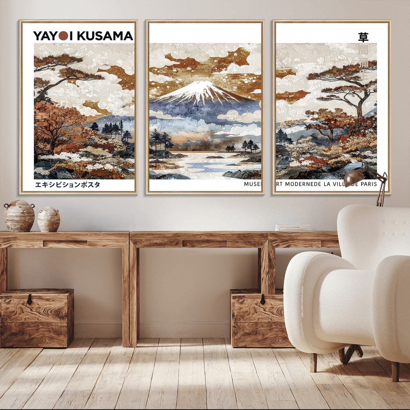 59644240-MGV-CV-36X24-Modern Japanese Wall Art Canvas Print – Framed Abstract Mount Fuji Scene with Yayoi Kusama Artwork for Home, Office