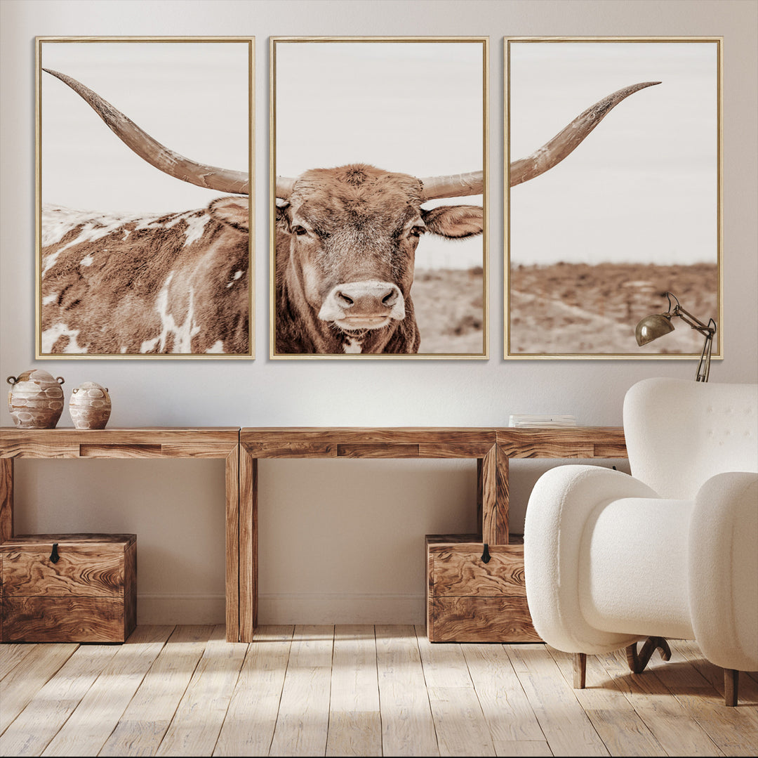 Longhorn Bull Photo Wall Art Canvas Print, Framed Rustic Cow Art Picture Print, Neutral Farmhouse Perfect Rustic Neutral Farmhouse Decor
