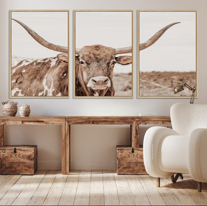 Longhorn Bull Photo Wall Art Canvas Print, Framed Rustic Cow Art Picture Print, Neutral Farmhouse Perfect Rustic Neutral Farmhouse Decor