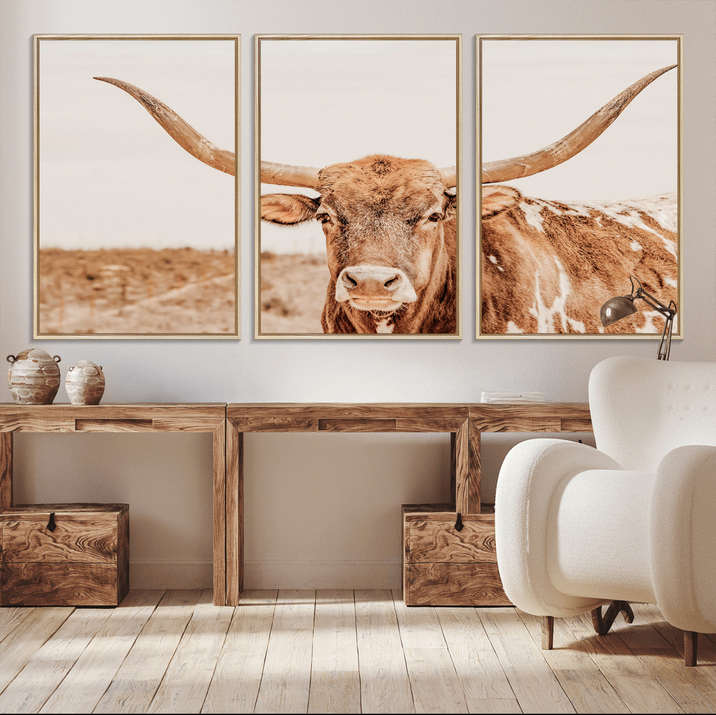 MGV-FC-60X30-3P - Longhorn Bull Wall Art Canvas Print, Framed Western Cow Art Picture Print, Rustic Farmhouse Perfect Neutral Farmhouse Decor Artwork