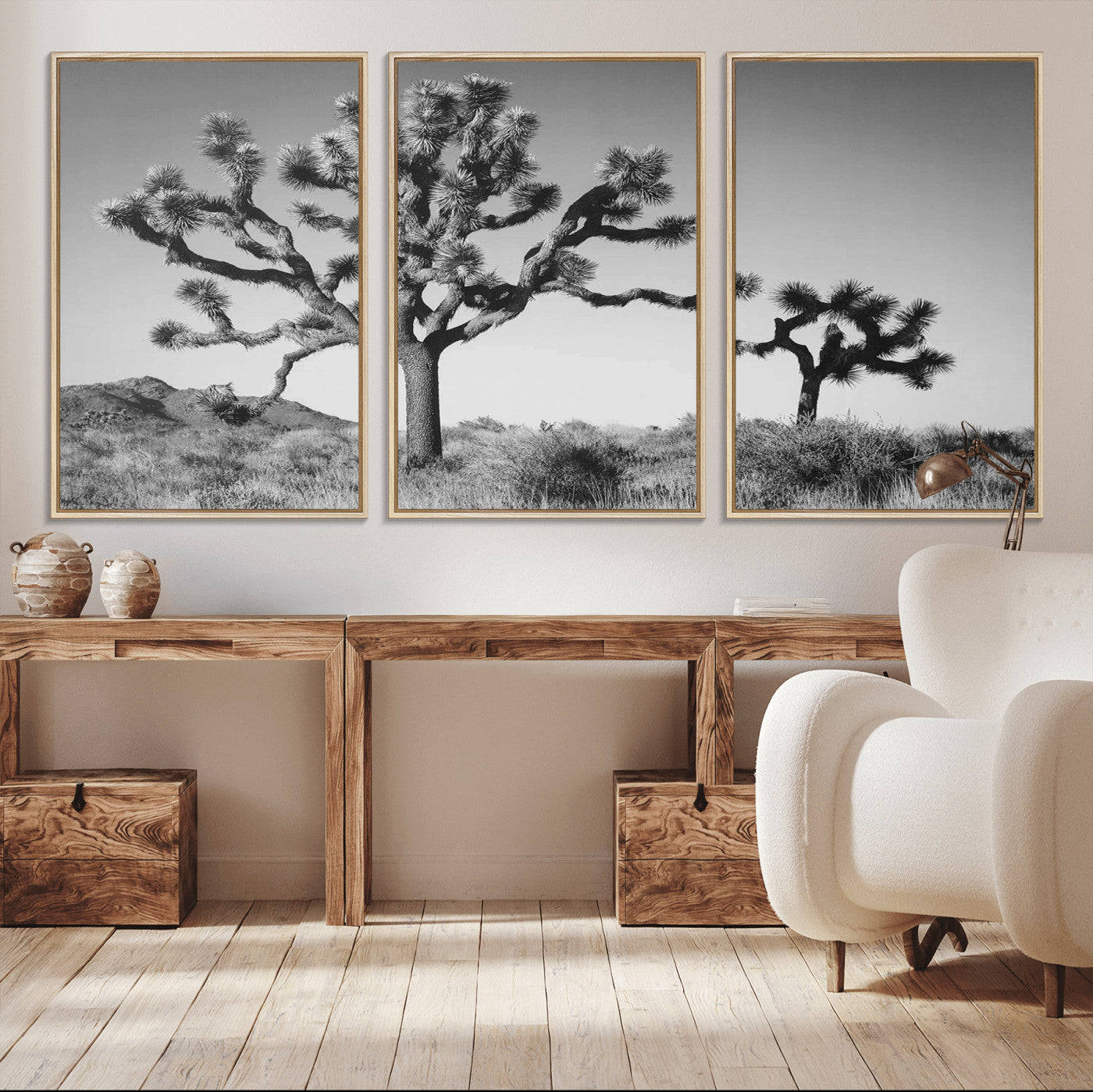 MGV-FC-60X30-3P - Joshua Tree Wall Art Canvas Print, Framed Monochrome Desert Art Picture Print, Minimalist Nature Scene Perfect Southwestern Minimalist Decor Artwork