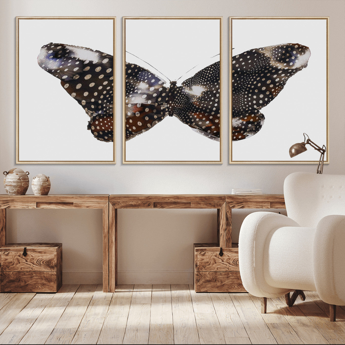 MGV-FC-60X30-3P - Spotted Butterfly Wall Art Canvas Print, Framed Neutral Insect Theme Art Picture Print, Earthy Wing Pattern Perfect Modern Rustic Decor Artwork