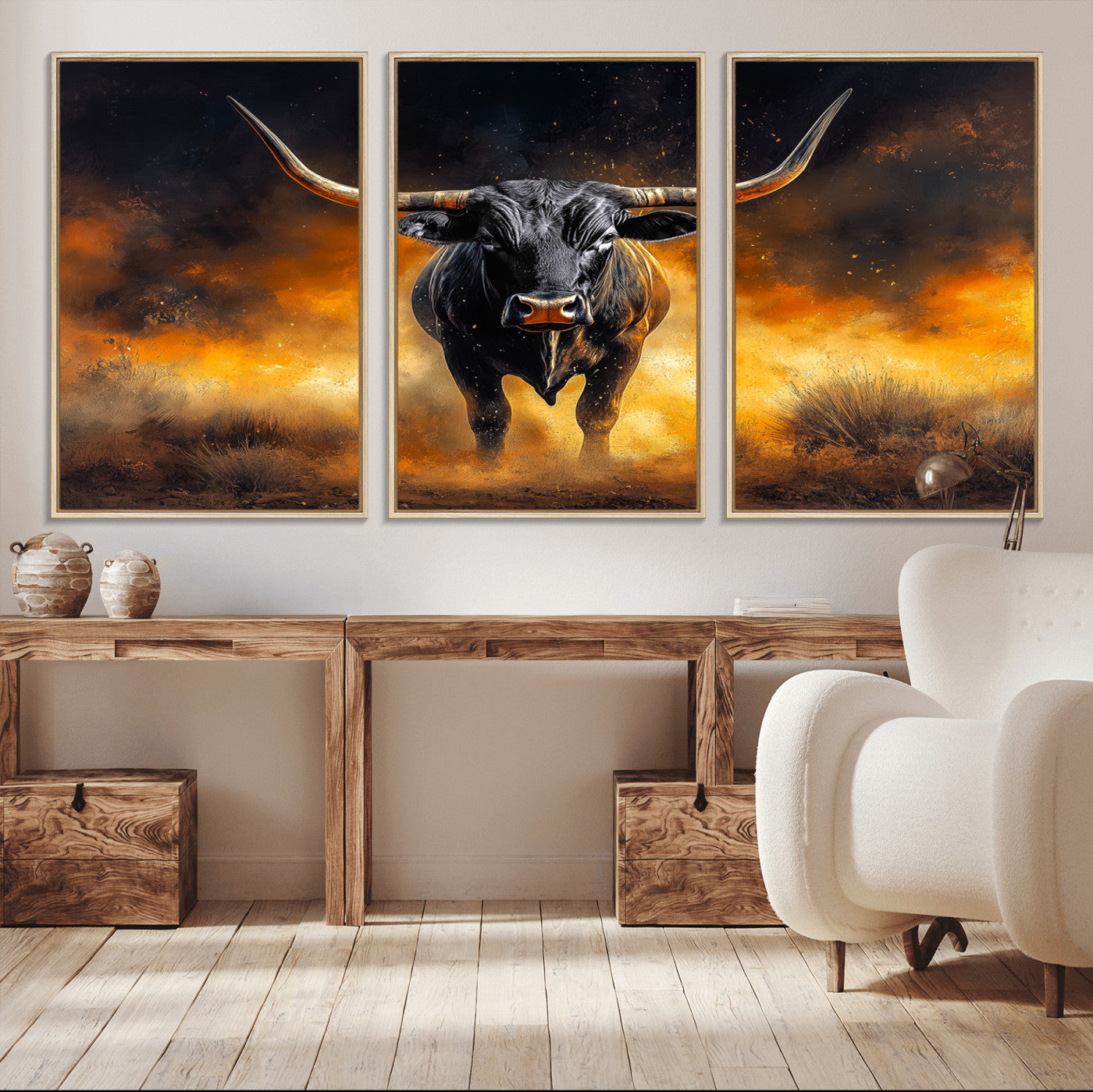 58293979-MGV-CV-36X24-Longhorn Canvas Wall Art Canvas Print – Framed Bold Bull Western Animal Dramatic Ranch Artwork for Home Office