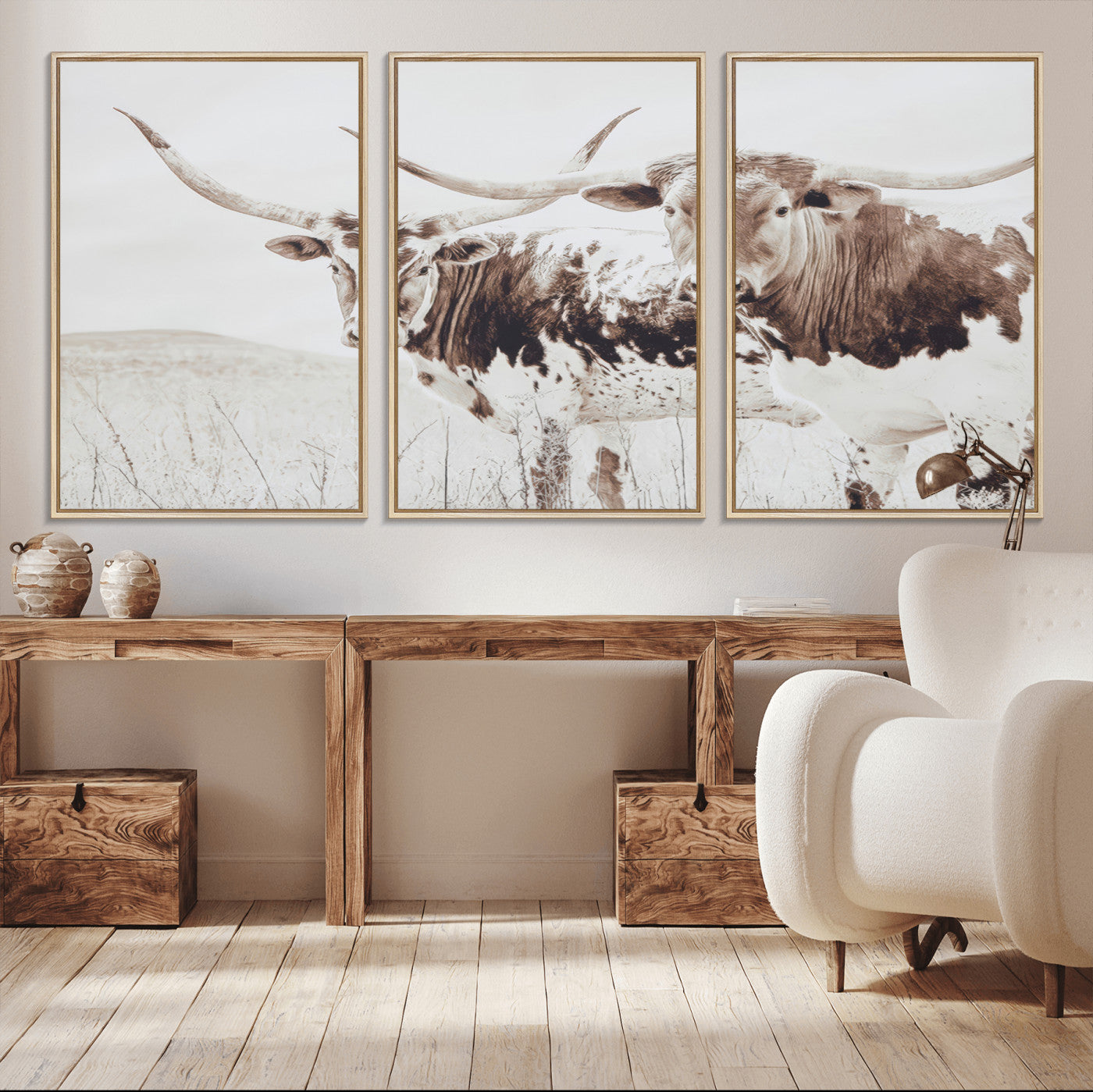 MGV-FC-60X30-3P - Longhorn Wall Art Wall Art Canvas Print, Framed Western Cow Canvas Art Picture Print, Rustic Farm Decor Perfect Rustic Farmhouse Decor Artwork