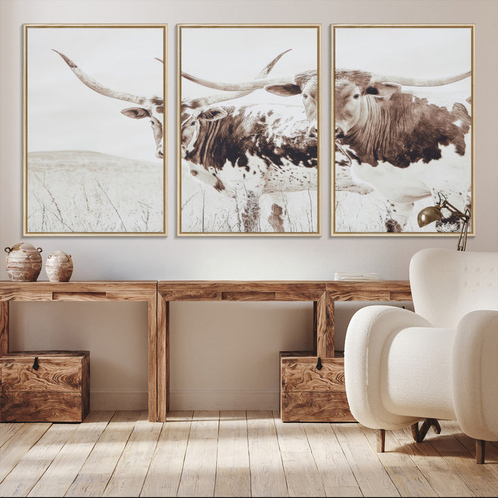 Longhorn Wall Art Wall Art Canvas Print, Western Cow Canvas Print, Framed Rustic Farm Decor Art Print, Large Neutral Animal Scene Printing