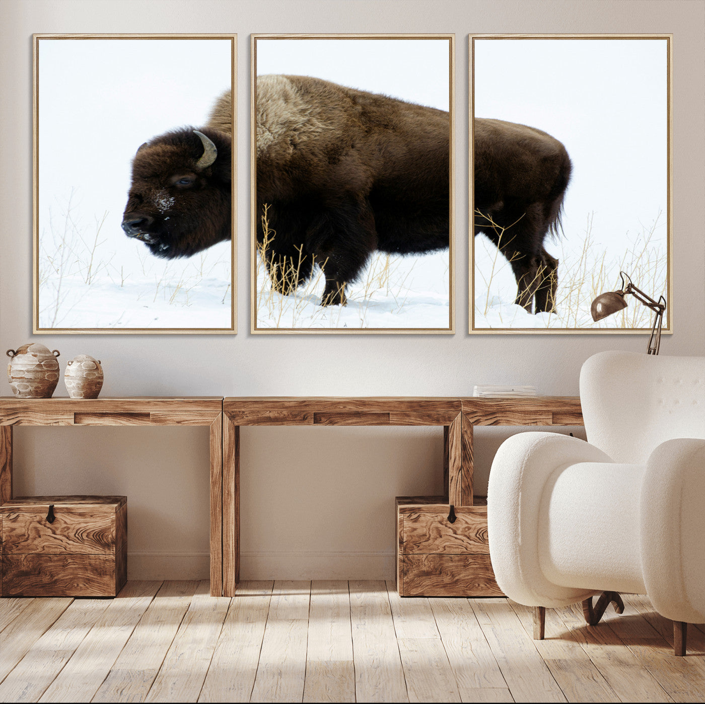 MGV-FC-60X30-3P - Bison Photography Wall Art Canvas Print, Framed Western Wildlife Art Picture Print, Buffalo On Snow Perfect Western Decor Artwork