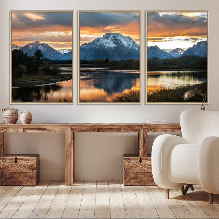 Mountain Sunset Wall Art Canvas Print, Framed Alpine Wilderness Art Picture Print, Golden Hour Perfect Wilderness Decor Artwork