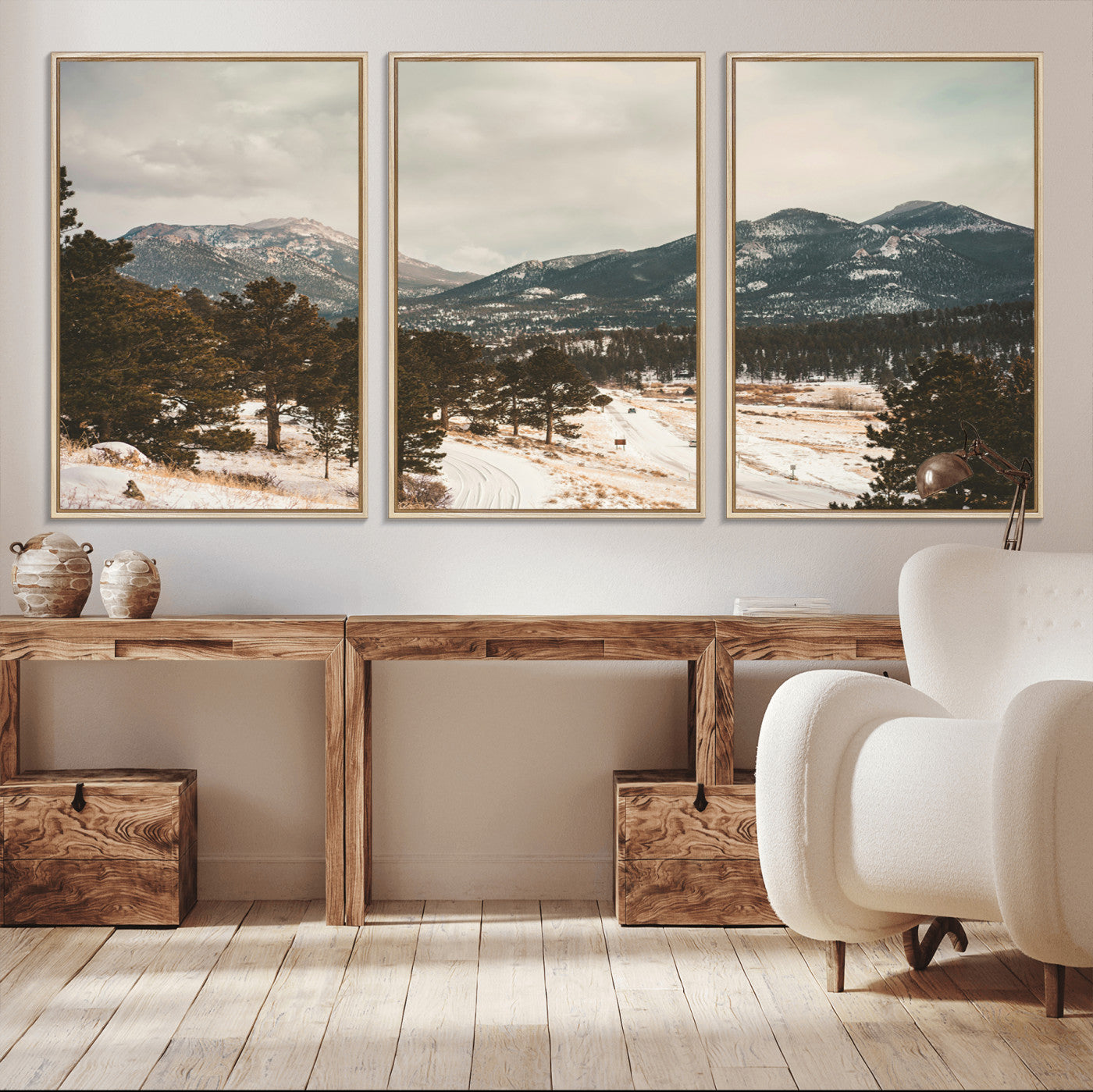 77311749-MGV-FC-60X30-3P_Natural-Mountain Landscape Wall Art Canvas Print – Framed Snowy Peaks Alpine Aesthetic Rustic Winter Scene Artwork for Home Office