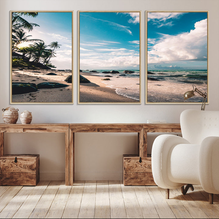 Tropical Beach Wall Art Canvas Print, Framed Ocean Waves Art Picture Print, Relaxing Seascape Perfect Tropical Coastal Decor Artwork