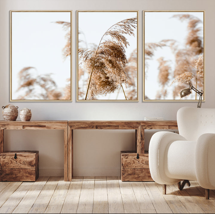 Pampas Grass Wall Art Canvas Print, Framed Neutral Tones Art Picture Print, Minimalist Nature Perfect Boho Decor Artwork
