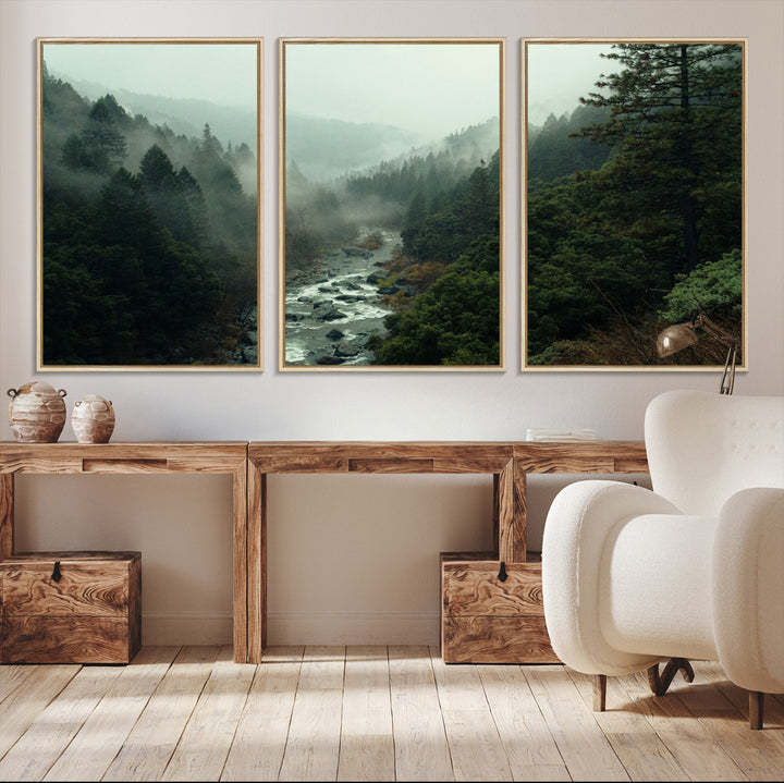 Misty Forest Wall Art Canvas Print, Framed Foggy River Art Picture Print, Moody Landscape Perfect Wilderness Decor Artwork