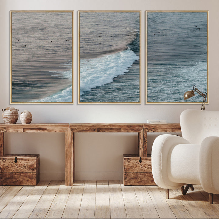 Ocean Waves Wall Art Canvas Print, Framed Coastal Serenity Art Picture Print, Surf Perfect Coastal Decor Artwork