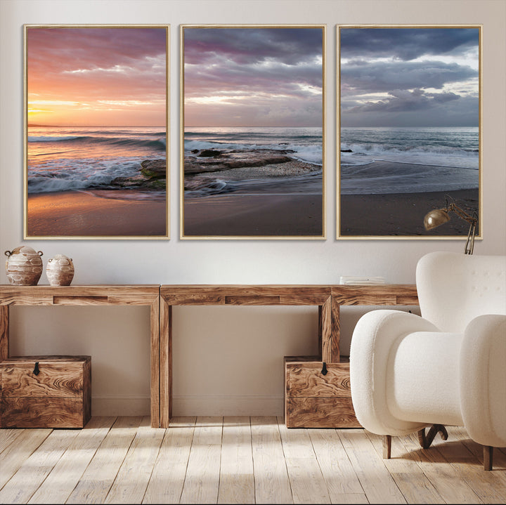 Golden Hour Wall Art Canvas Print, Framed Tranquil Waves Art Picture Print, Beach Perfect Coastal Serenity Decor Artwork