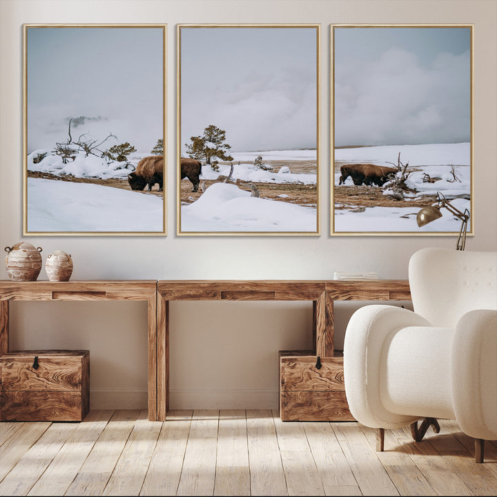 Bison Wildlife Wall Art Canvas Print, Framed Snowy Prairie Art Picture Print, Western Perfect Rustic Decor Artwork