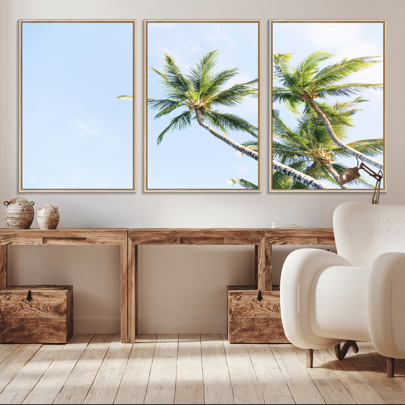 54719115-MGV-FC-60X30-3P_Natural-Palm Trees Wall Art Canvas Print – Framed Tropical Coastal Nature Scene Artwork for Home Office