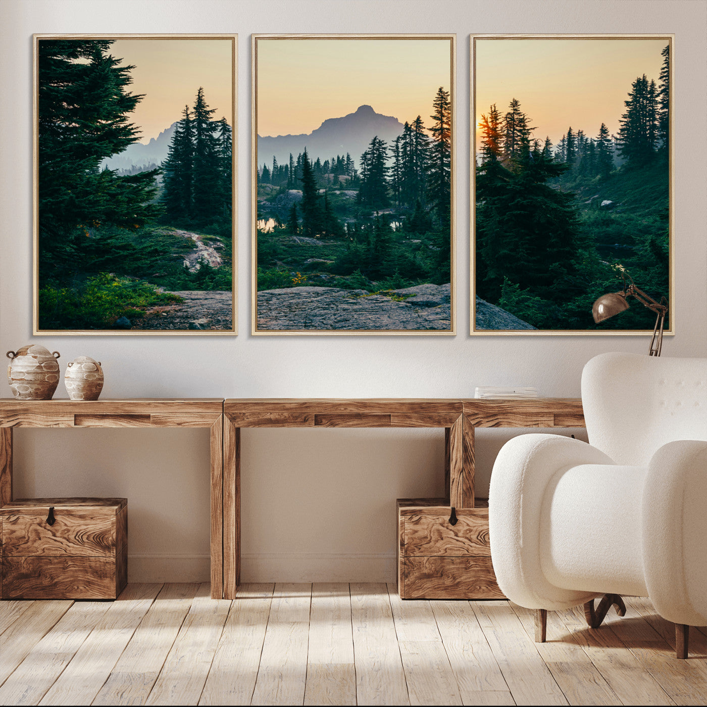66397982-MGV-FC-60X30-3P_Natural-Mountain Wall Art Canvas Print – Framed Forest Serenity Mountain Nature Scene Artwork for Home Office