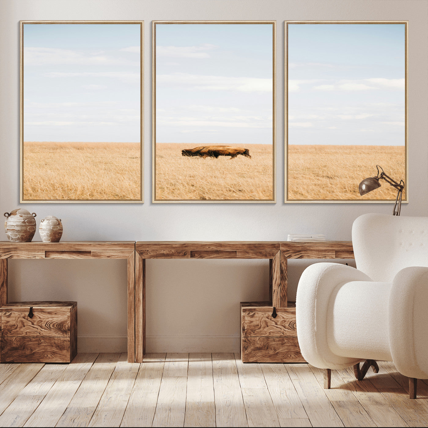 MGV-FC-60X30-3P - Minimalist Nature Wall Art Canvas Print, Framed Bison In Grassland Art Picture Print, Open Field Perfect Modern Ranch Decor Decor Artwork