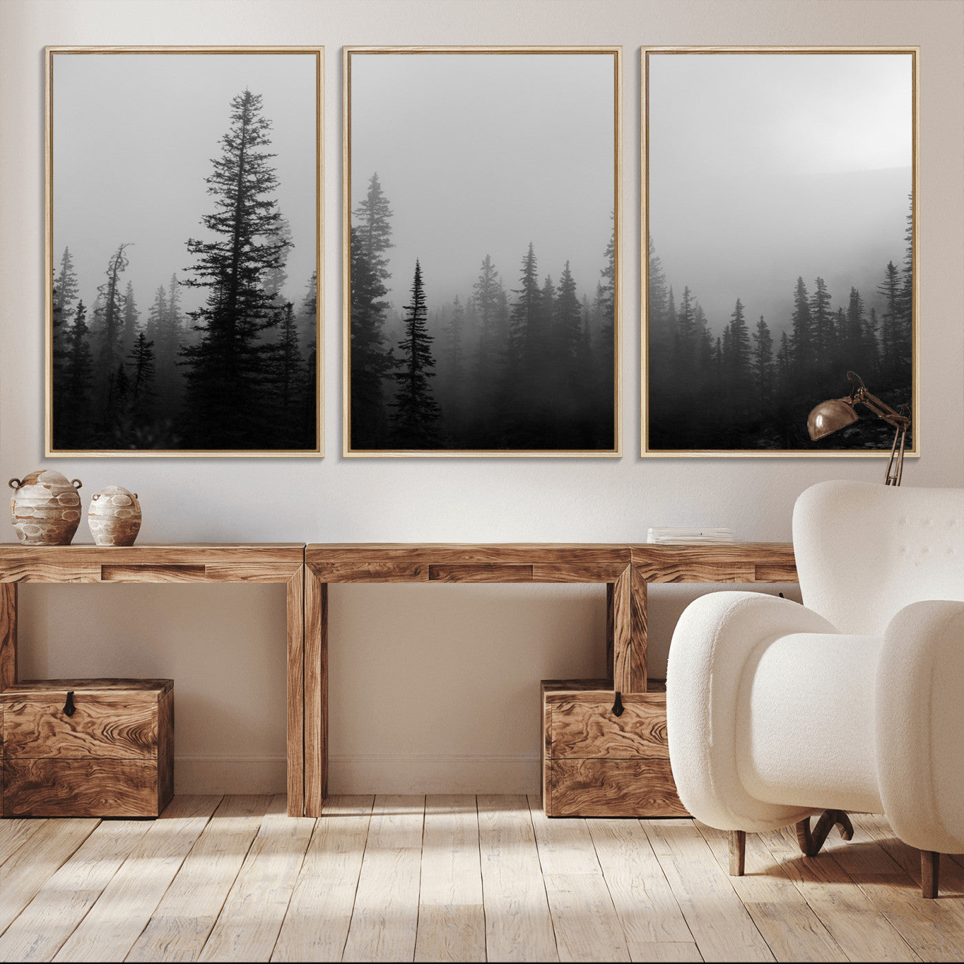 73138900-MGV-CV-36X24-Misty Pines Wall Art Canvas Print – Framed Woodland Minimalist Rustic Nature Scene Photography Artwork for Home Office