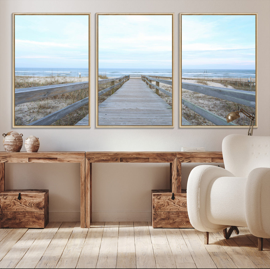 Beach Boardwalk Wall Art Canvas Print, Framed Coastal Serenity Art Picture Print, Ocean View Perfect Coastal Decor Artwork