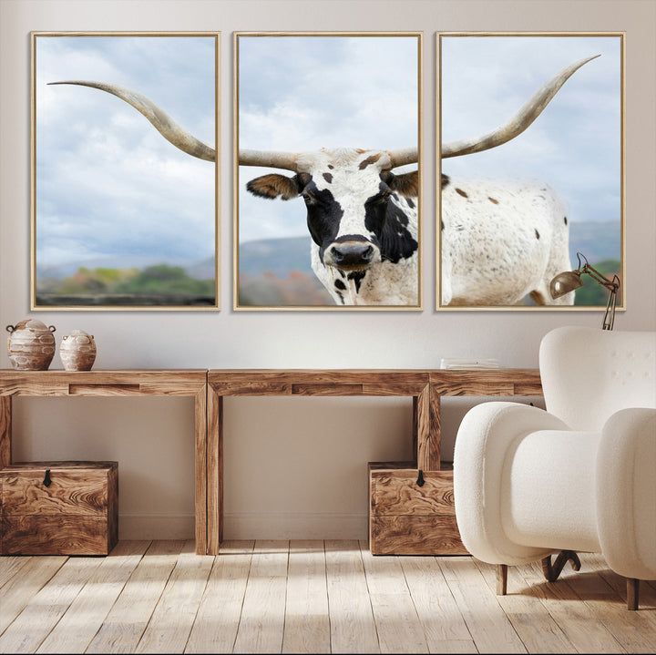 Texas Longhorn Wall Art Canvas Print, Framed Western Rustic Art Picture Print, Farmhouse Decor Perfect Farmhouse Decor Artwork