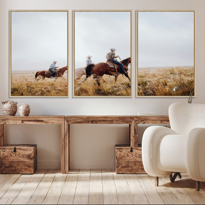 Three cowboys riding horses through a foggy prairie landscape, dressed in Western attire, evoking a rustic and adventurous Wild West aesthetic.