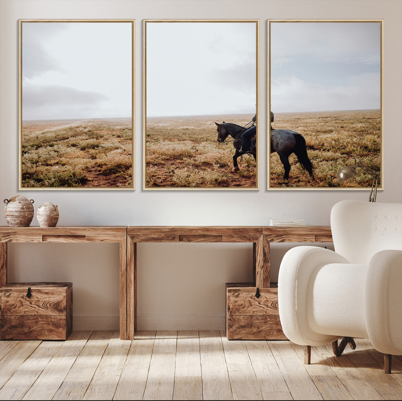 57597730-MGV-CV-36X24-Cowboy Wall Art Canvas Print – Framed Western Rustic Ranch Scene Country Landscape Artwork for Home Office