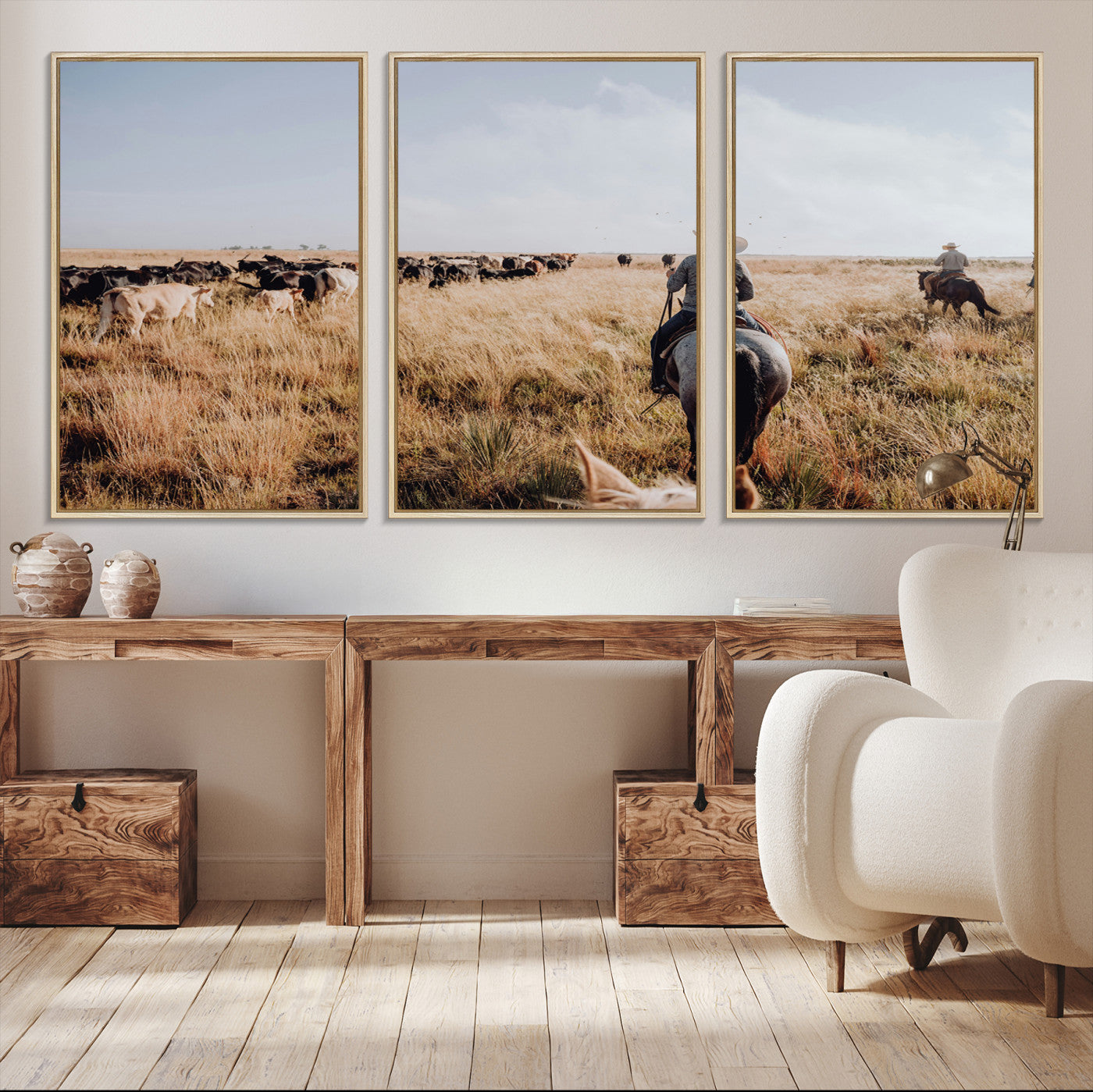 22431577-MGV-CV-36X24-Western Wall Art Canvas Print – Framed Cowboy Cattle Drive Scene Rustic Ranch Landscape Artwork for Home Office