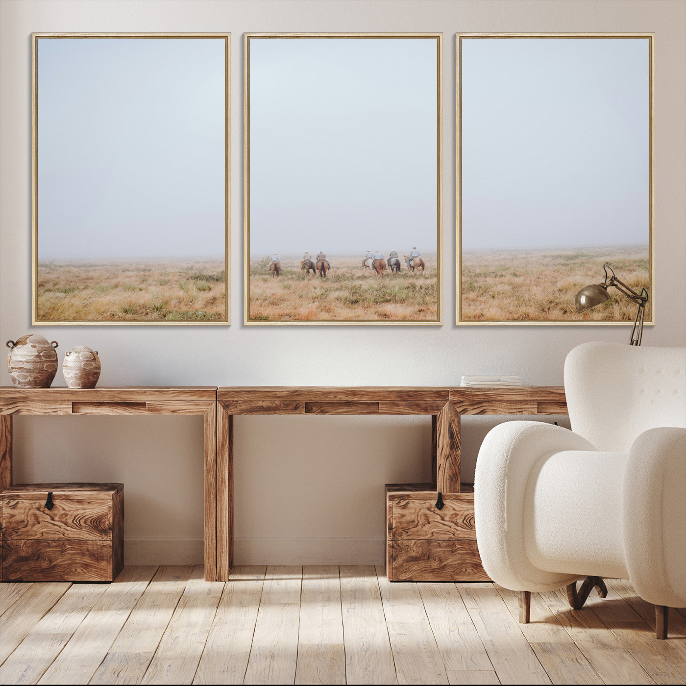 14761944-MGV-CV-36X24-Foggy Plains Wall Art Canvas Print – Framed Horseback Riders Rustic Western Landscape Scene Artwork for Home Office