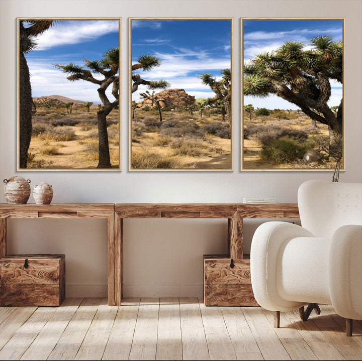 Scenic Joshua Tree landscape with rugged desert terrain, golden dry grass, and a deep blue sky, creating a warm, rustic Southwestern aesthetic.