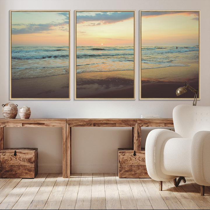 Warm sunset over gentle ocean waves with pastel sky and reflections on wet sand, creating a calm and soothing beach ambiance.