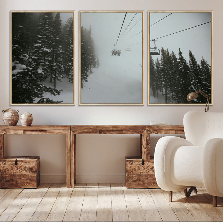 Ski Lift Wall Art Canvas Print, Framed Snowy Pines Art Picture Print, Misty Landscape Perfect Winter Serenity Decor Artwork