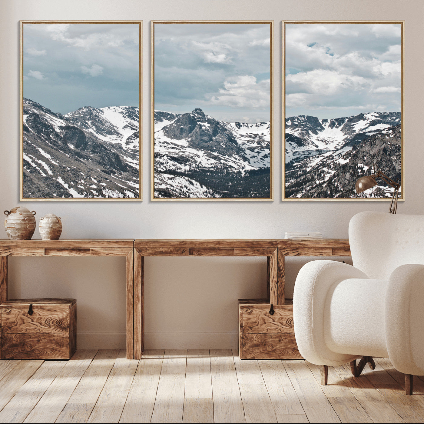 94074619-MGV-FC-60X30-3P_Natural-Snowy Peaks Wall Art Canvas Print – Alpine Wilderness Mountain Escape Winter Serenity Artwork for Home, Office
