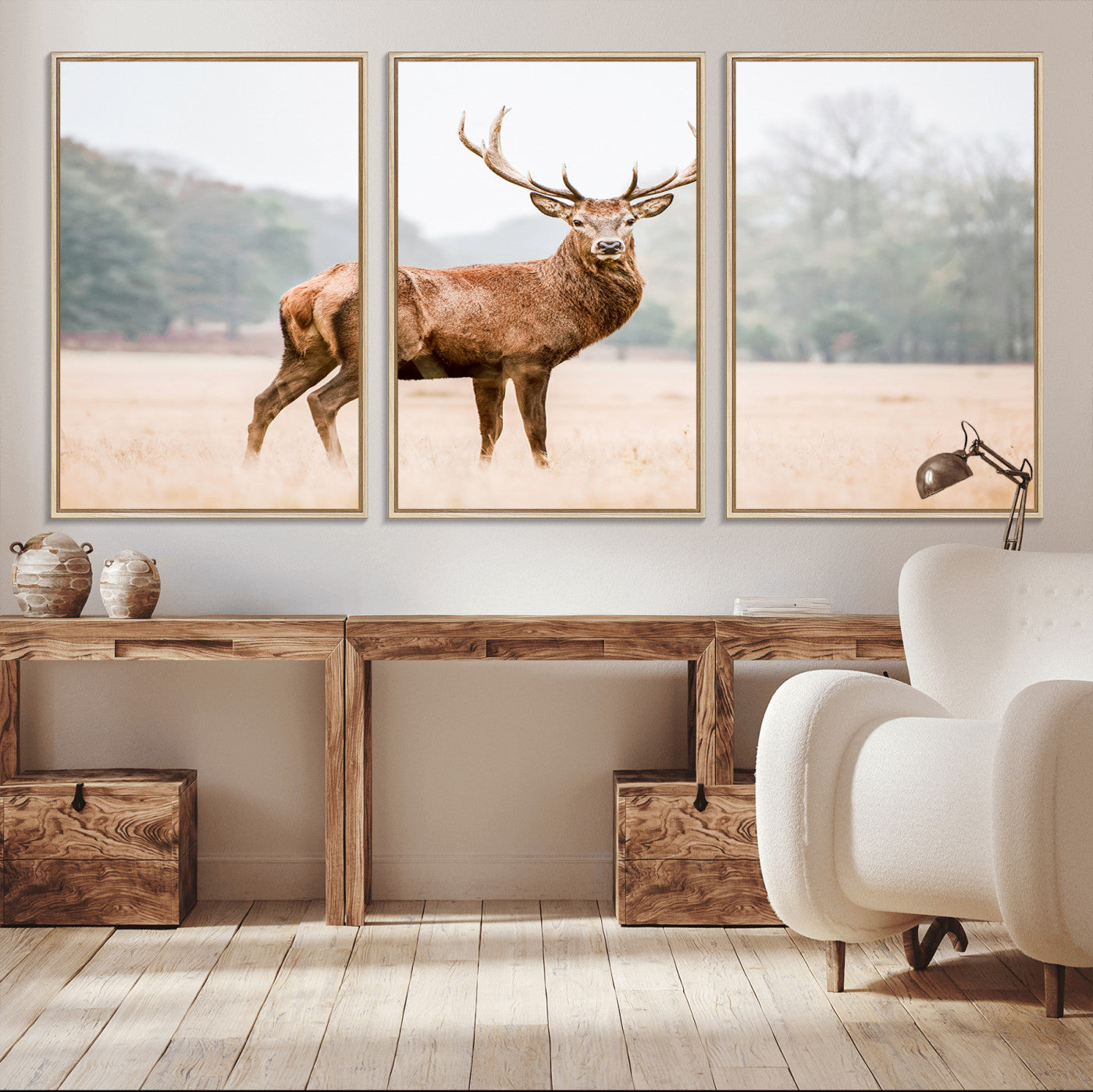 86502413-MGV-CV-36X24-Vintage Wildlife Wall Art Canvas Print – Misty Landscape Deer Rustic Nature Photography Artwork for Home, Office