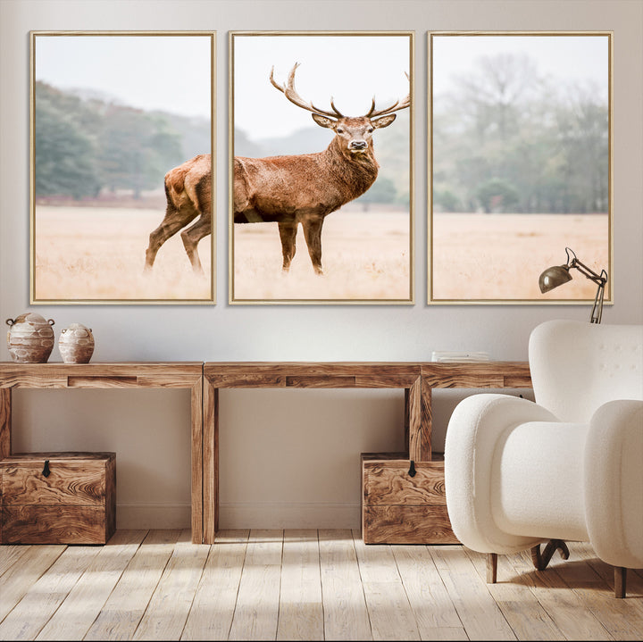 Vintage Wildlife Canvas Print, Framed Misty Landscape Art Picture Print, Deer Wall Art Perfect Rustic Wildlife Decor Artwork
