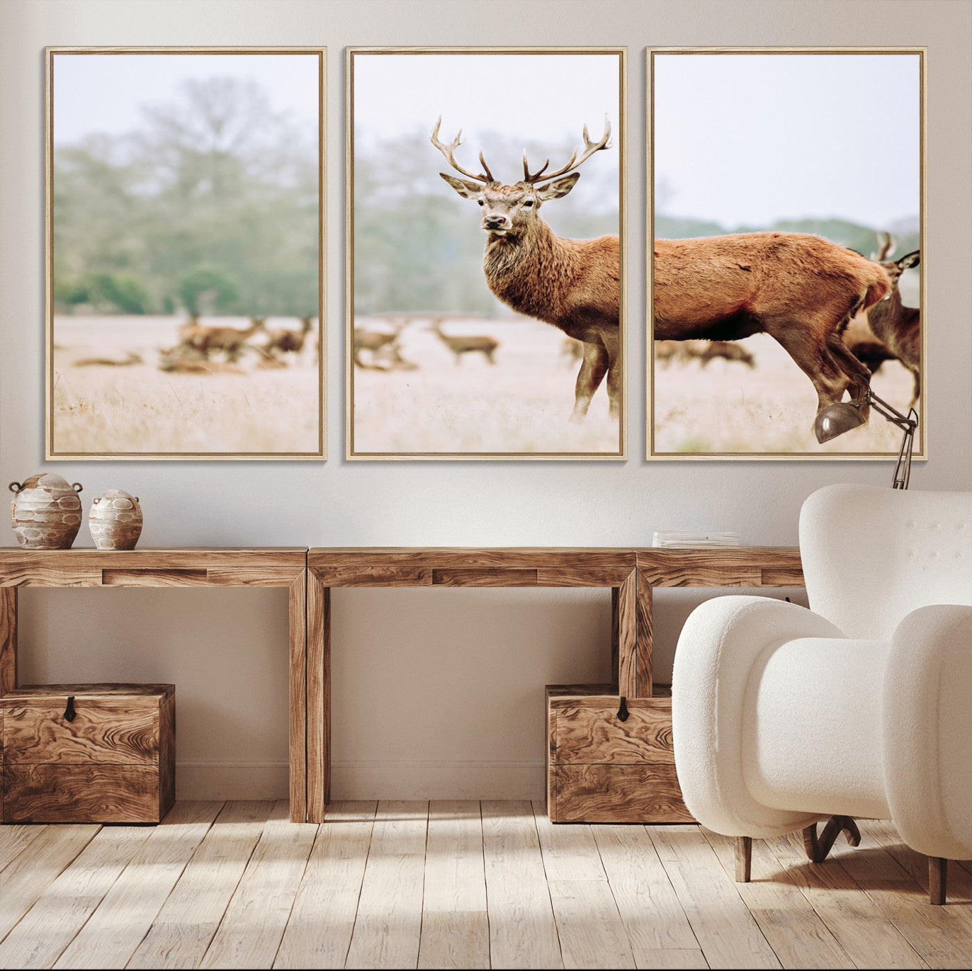 53240224-MGV-FC-60X30-3P_Natural-Rustic Deer Wall Art Canvas Print – Forest Woodland Stag Nordic Animal Scenic Nature Artwork for Home, Cabin