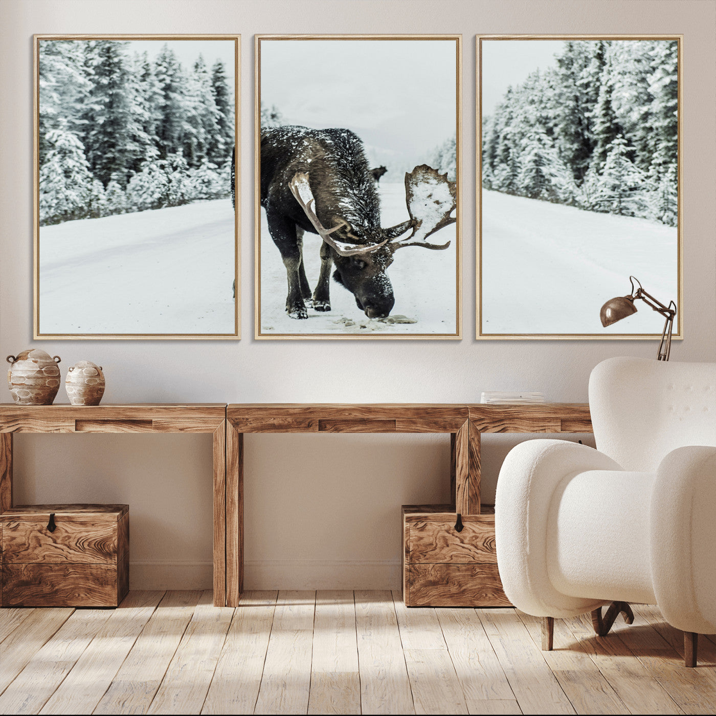 13316292-MGV-CV-36X24-Moose Snow Wall Art Canvas Print – Framed Winter Wildlife Snowy Forest Nature Scene Artwork for Home, Office, Living Room
