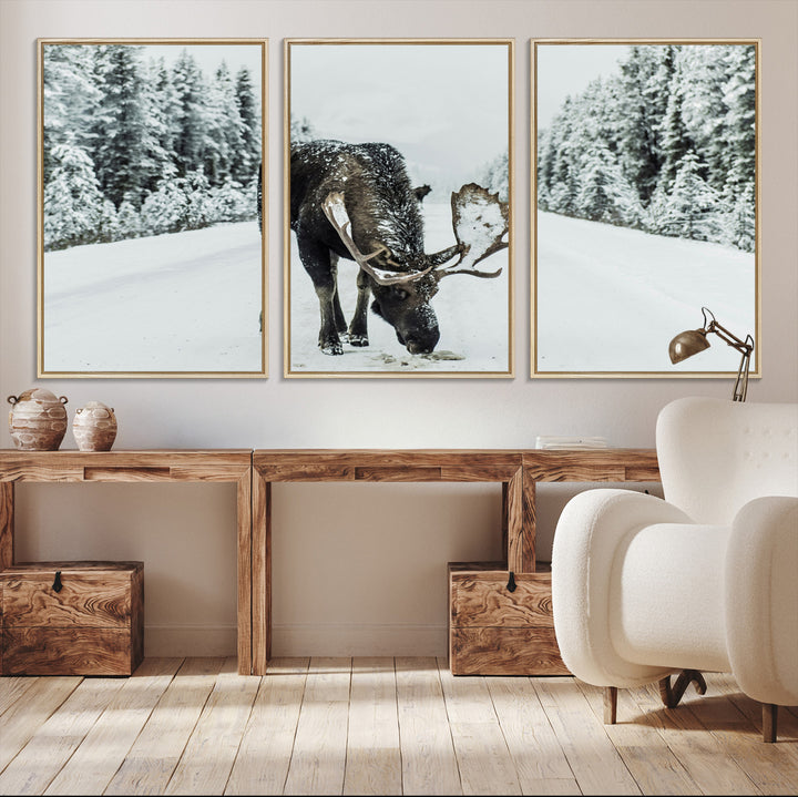 Moose in Snow Wall Art Canvas Print, Framed Winter Wildlife Art Picture Print, Snowy Forest Scene Perfect Rustic Lodge Decor Artwork