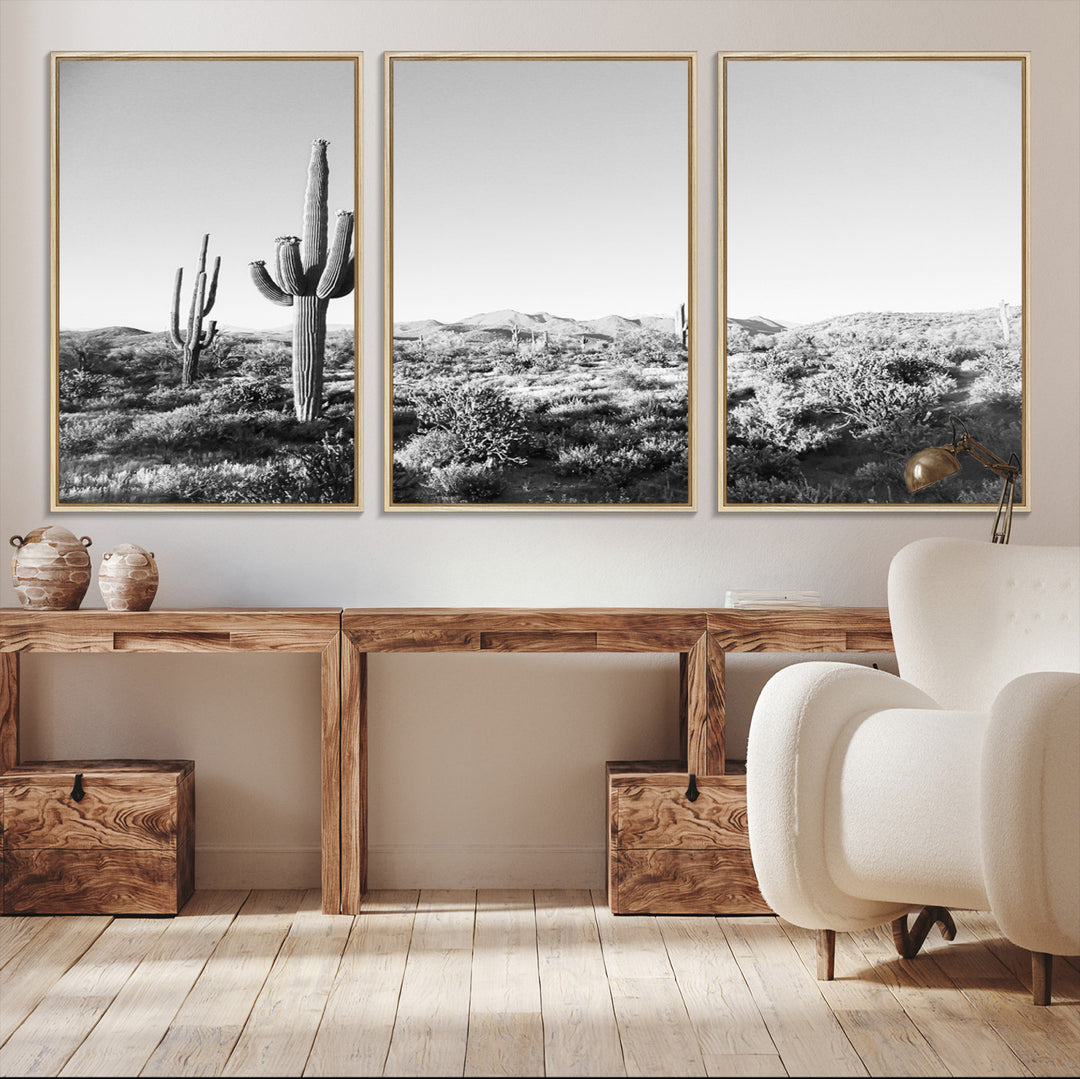 Saguaro Cactus Wall Art Canvas Print, Monochrome Landscape Print, Framed Scenic Arizona Art Print, Large Timeless Western Aesthetic Printing