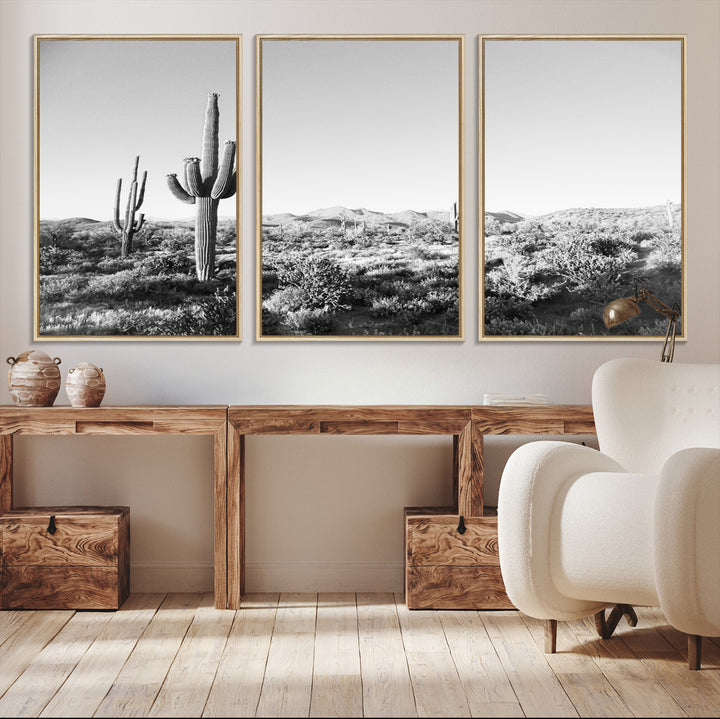 Saguaro Cactus Wall Art Canvas Print, Monochrome Landscape Print, Framed Scenic Arizona Art Print, Large Timeless Western Aesthetic Printing