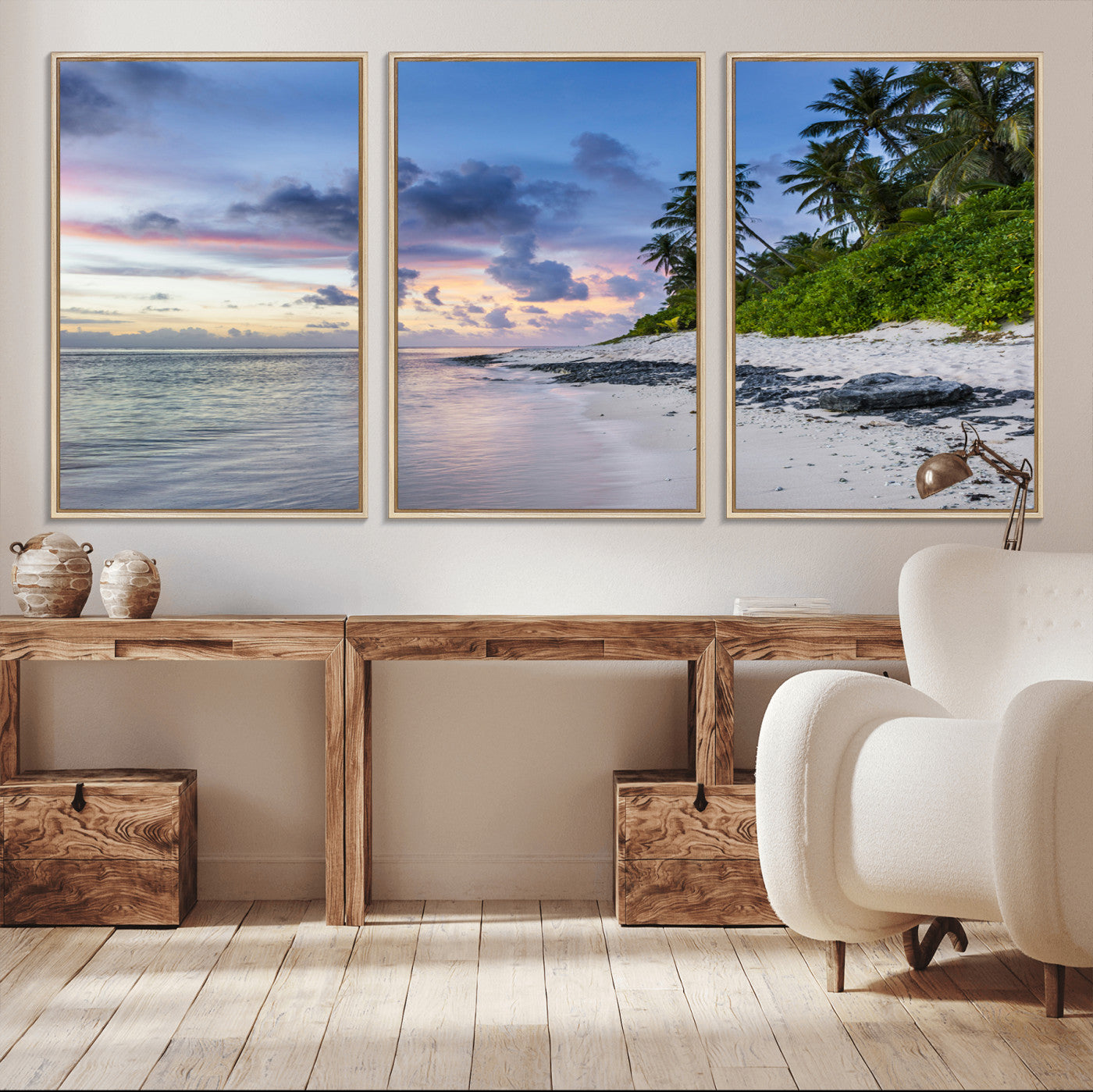 MGV-FC-60X30-3P - Tropical Beach Wall Art Canvas Print, Framed Sunset Glow Art Picture Print, Palm Tree Coast Perfect Tropical Coastal Decor Artwork