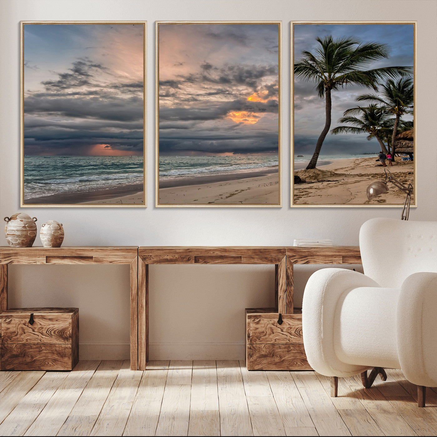 MGV-FC-60X30-3P - Tropical Storm Wall Art Canvas Print, Framed Moody Beach Art Picture Print, Dramatic Sky Perfect Tropical Coastal Decor Artwork