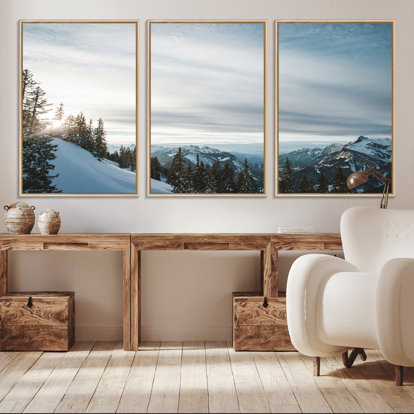 MGV-FC-60X30-3P - Snowy Mountains Wall Art Canvas Print, Framed Alpine Landscape Art Picture Print, Frosty Peaks Perfect Nordic Minimalist Decor Artwork