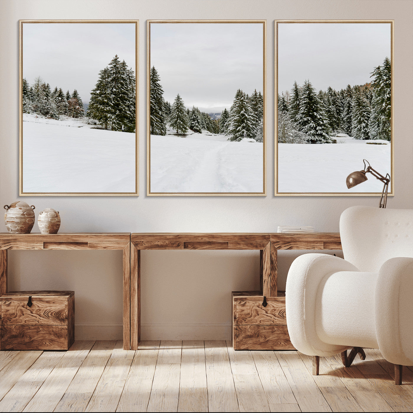 24581417-MGV-CV-36X24-Frosty Pines Wall Art Canvas Print – Framed Silent Snowfall Cozy Cabin Nordic Minimalist Winter Landscape Artwork for Home, Office