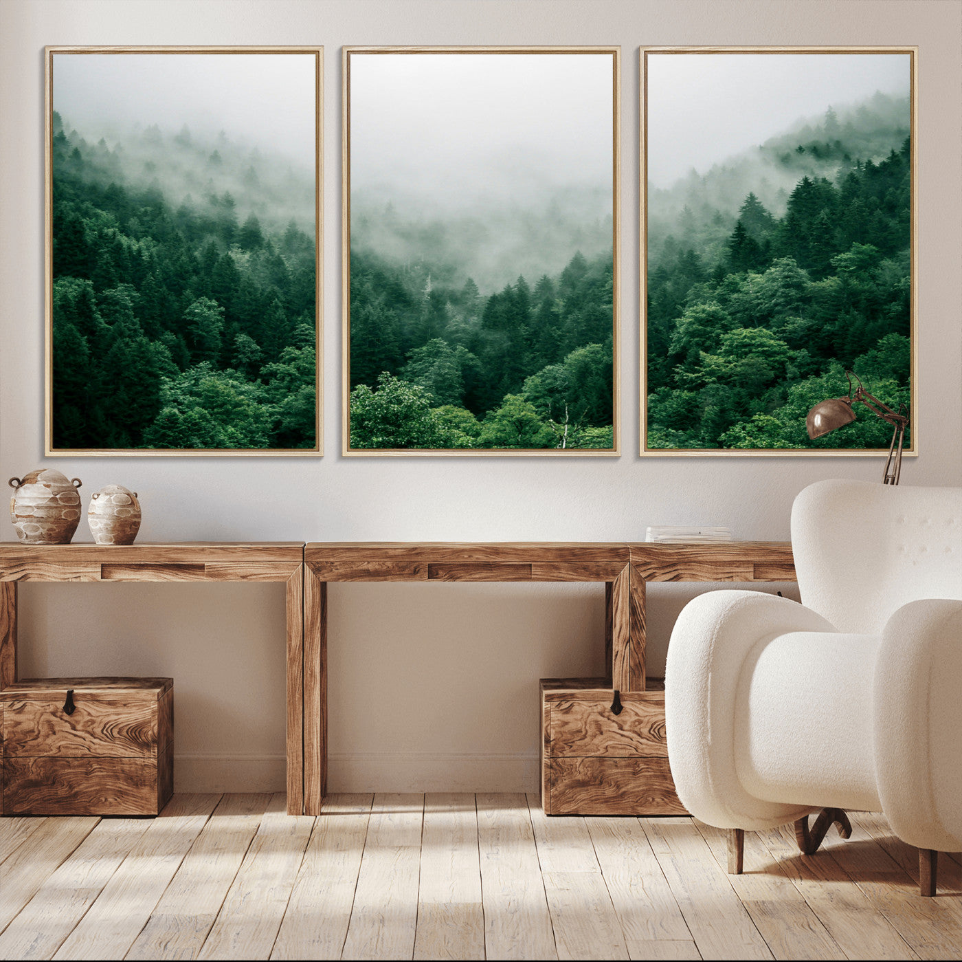 MGV-FC-60X30-3P - Misty Green Forest Canvas Print – Serene Foggy Pine Landscape Wall Art, Tranquil Nature Decor for