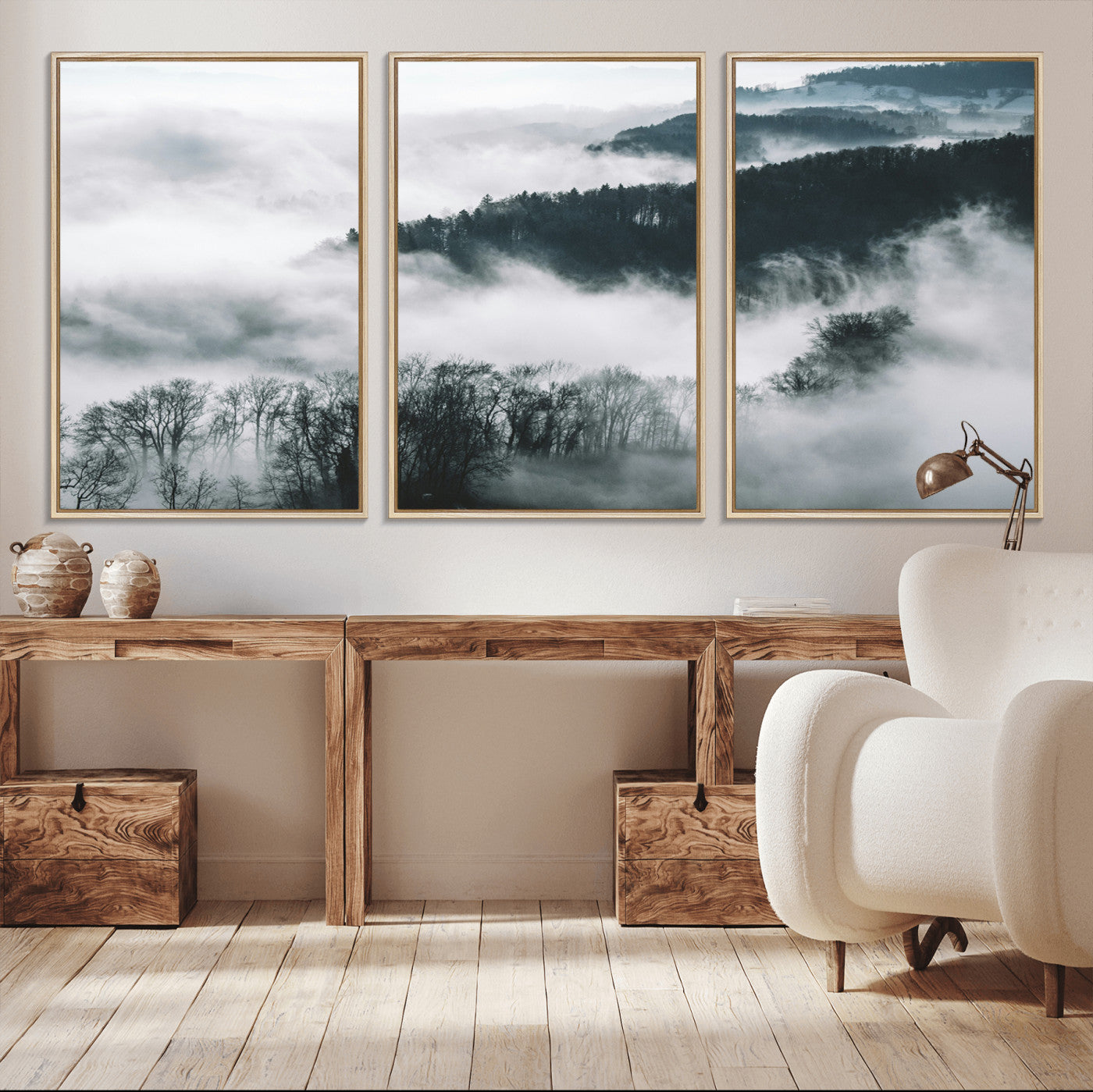 MGV-FC-60X30-3P - Foggy Forest Landscape Wall Art Canvas Print – Misty Mountain Valley Scene in Monochrome Tones,