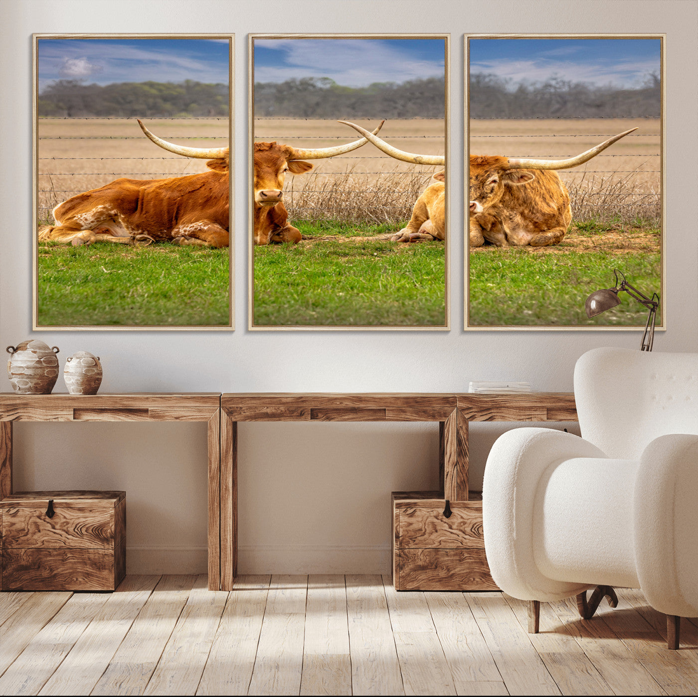 MGV-FC-60X30-3P - Texas Longhorn Pair Wall Art Canvas Print – Peaceful Rustic Ranch Scene with Two Cattle in Field,