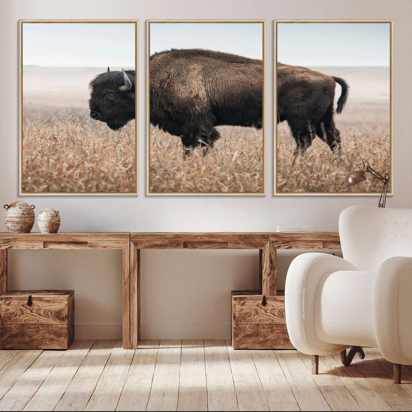 MGV-FC-60X30-3P - American Bison in Field  Wall Art Canvas Print – Powerful Winter Wildlife Scene with Buffalo in