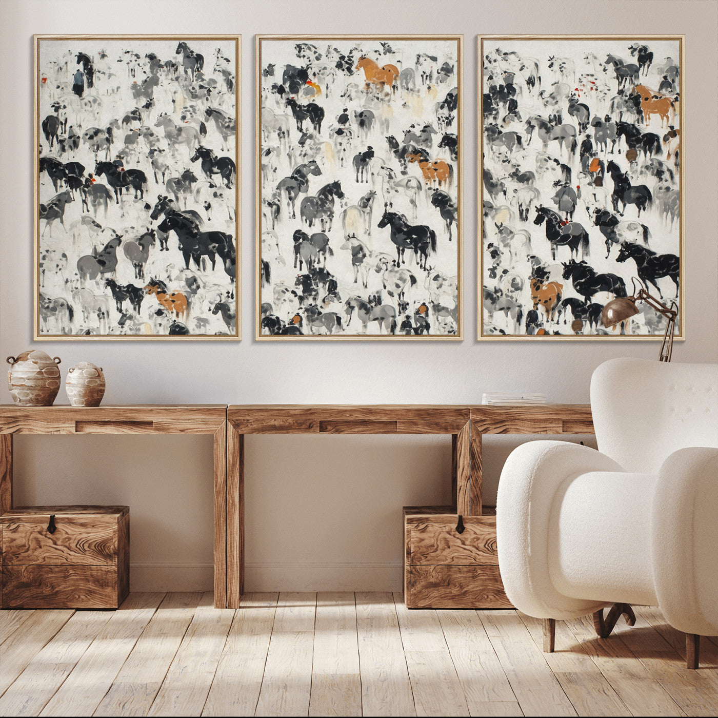 56463722-MGV-CV-36X24-Wild Horse Stampede Wall Art Canvas Print – Monochrome Running Horses Dynamic Motion Elegant Scene Artwork for Home, Office