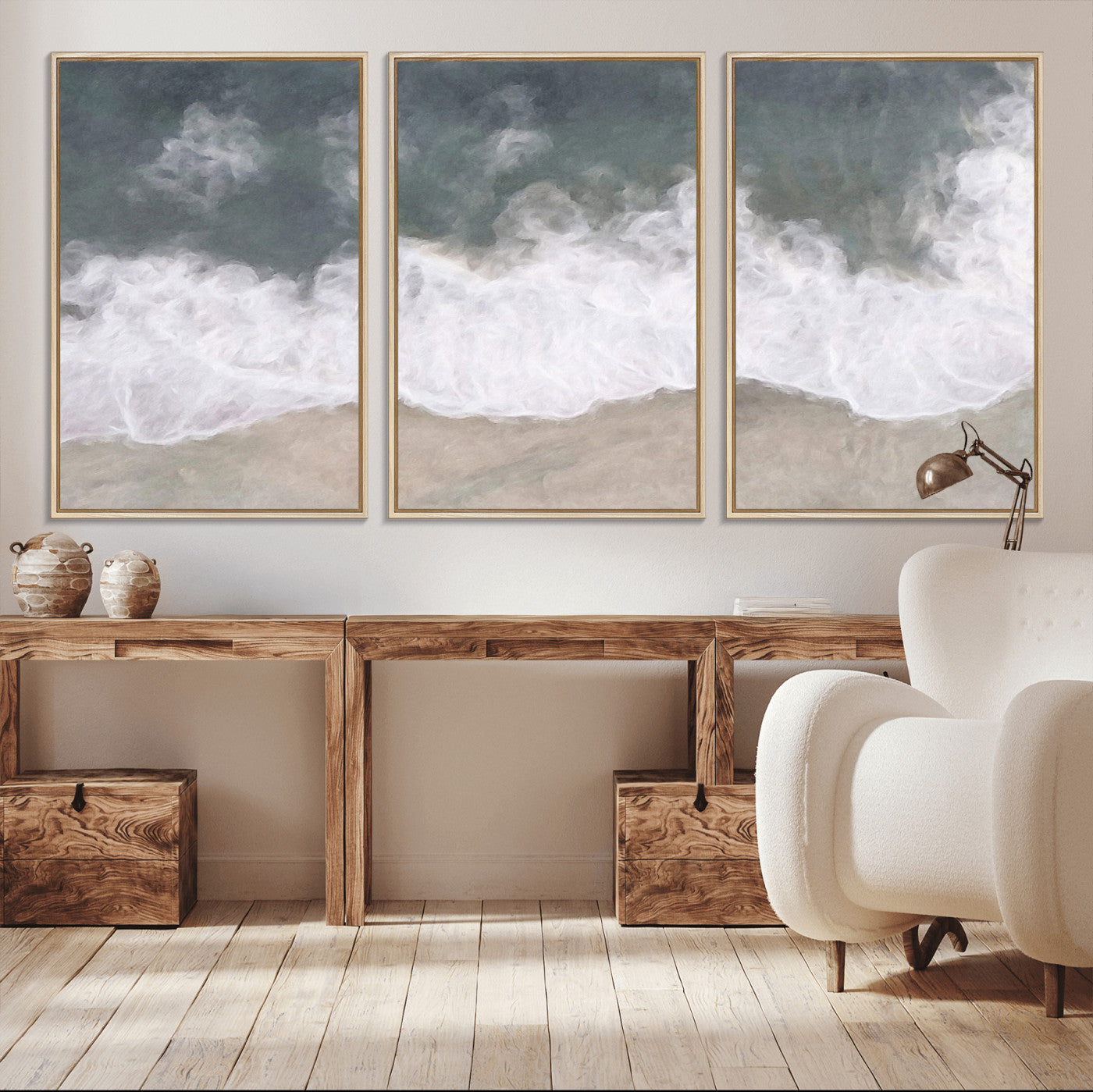 Wall art canvas print featuring foamy ocean waves softly rolling onto a sandy shore with a dreamy, painterly texture.