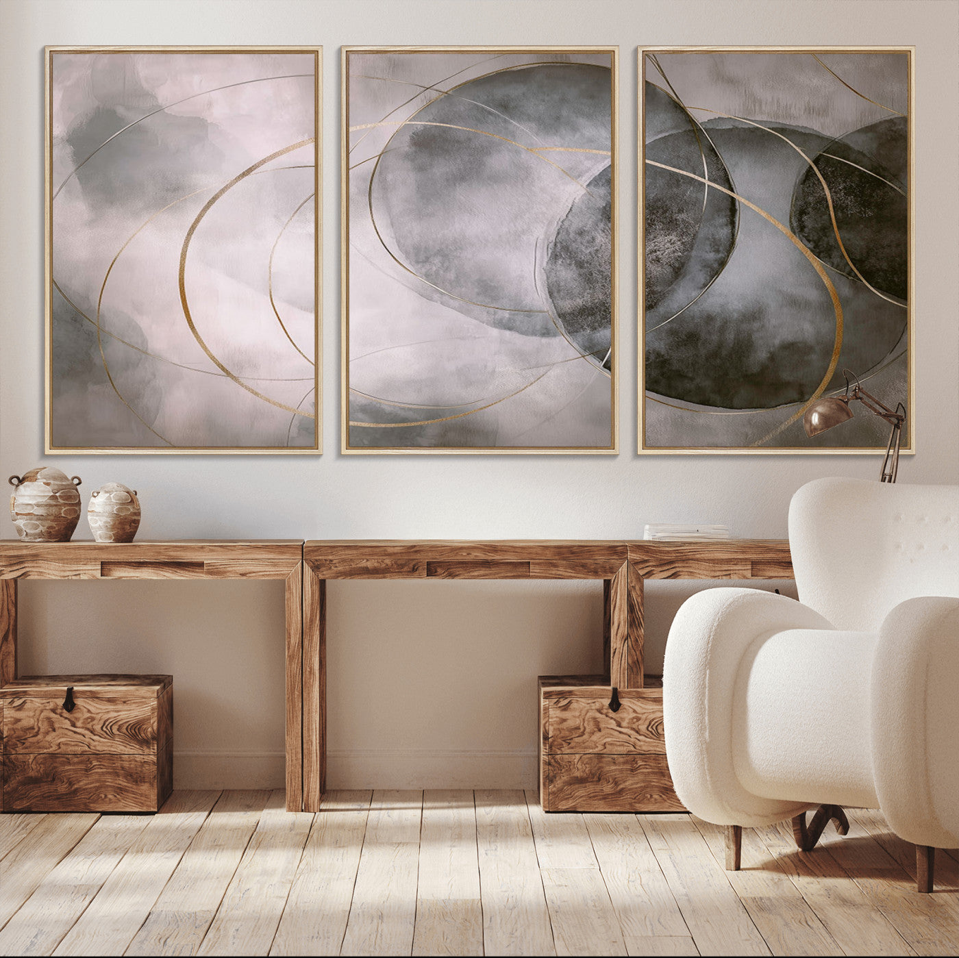 MGV-FC-60X30-3P - Wall Art Canvas Print Abstract Gray Black Gold Circles Soft Texture Modern Minimalist Artistic Home Decor Contemporary Elegant Stylish Unique
